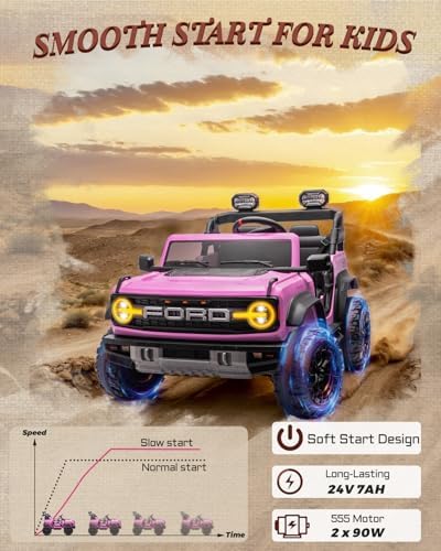 First Ride On 24V Ride on Toys for Big Kids, Licensed Ford Bronco Raptor 2 Seater Ride on Cars with Remote Control, Ride on Truck w/ 4-Wheeler Suspension, 3 Speeds, Led Lights, Bluetooth (24V, Pink) — view 7