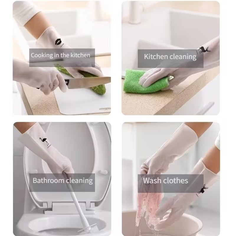 Image of Reusable Rubber Latex PVC Flock lined Long Sleeves elbow length Hand Gloves for Kitchen Dish-Washing, Cleaning, Gardening, Laundry and Sanitation and Lab Work (White)