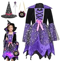 EOZY Halloween Witch Costume Kids Girls Light Up Witch Dress Children Witches Outfit Cosplay Fancy Dress with Hat,Candy Bag and Magic Wand