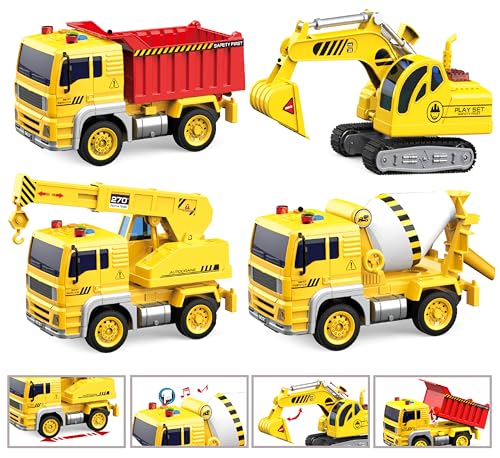 MÖBIUS Toys Construction Playset for Boys and Girls – Includes Crane, Excavator, Dump & Cement Truck – Friction Powered Push and Go Toy Vehicles with Lights & Sounds for Kids Ages 3-7