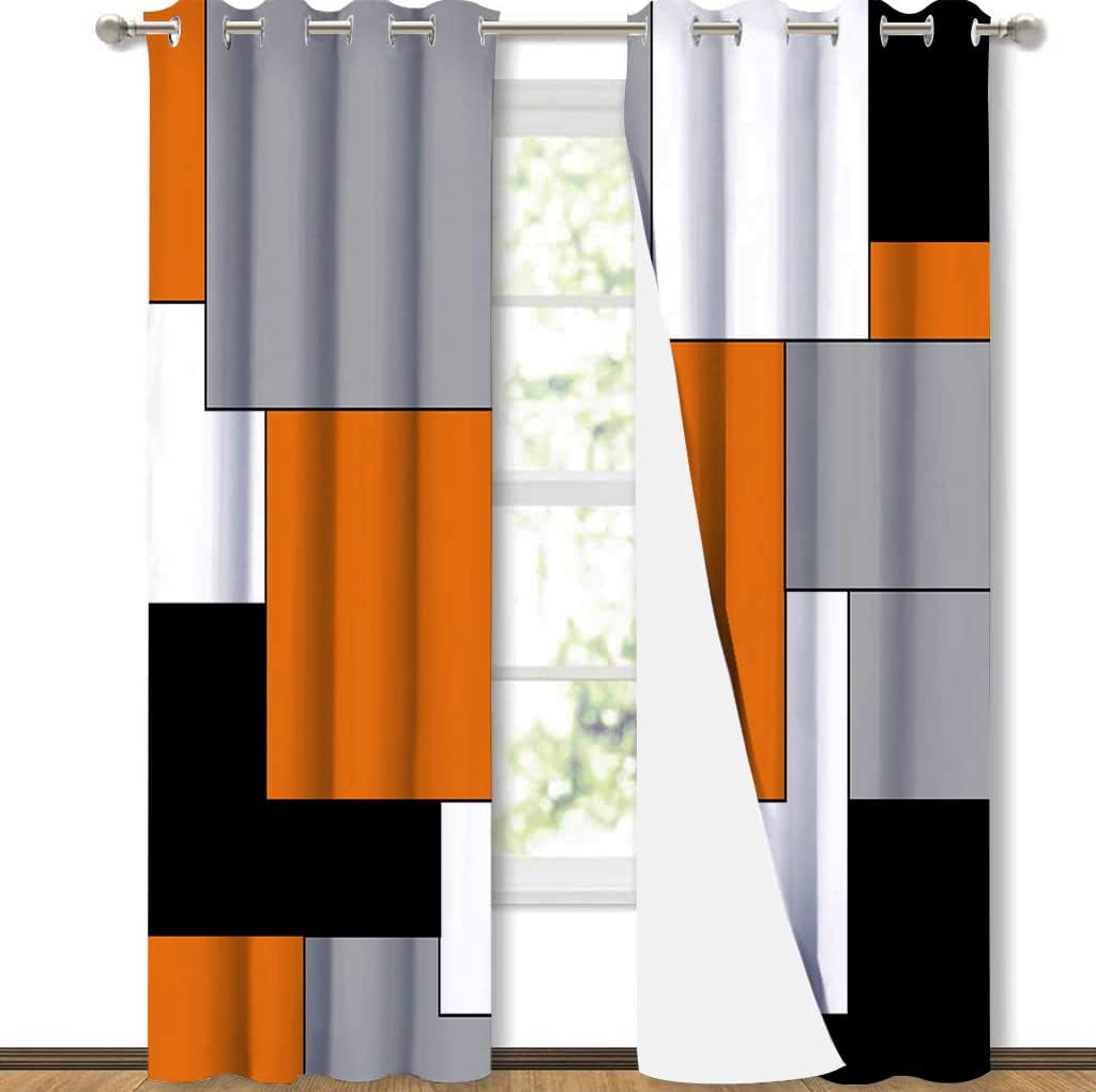 Orange White Blackout Curtains 54 Inches Long for Bedroom,Thermal Insulated Darkening Black Out Window Curtain Panels Living Room Drapes,Black Grey Middle Century Abstract Patchwork Color Art 104x54