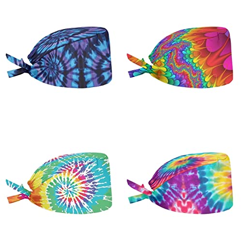 Babrukda 4 Pieces Set Trendy Tie-dye Turban Hat Cap Adjustable Strap Tie Back Hats for Women Men Universal Head Hair Cover Beanies with Sweatband Headwear for Vacation Beach Shopping Working