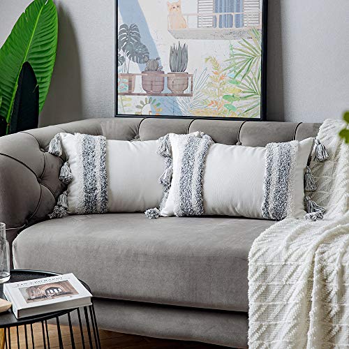 DEZENE Boho Throw Pillow Covers: 2 Pack 100% Cotton Woven Tufted Rectangle Lumbar Decorative Pillowcases with Tassels for Couch Sofa Bed, Accent Cushion Covers for Farmhouse, Kids, 12 x 20 Inch Grey