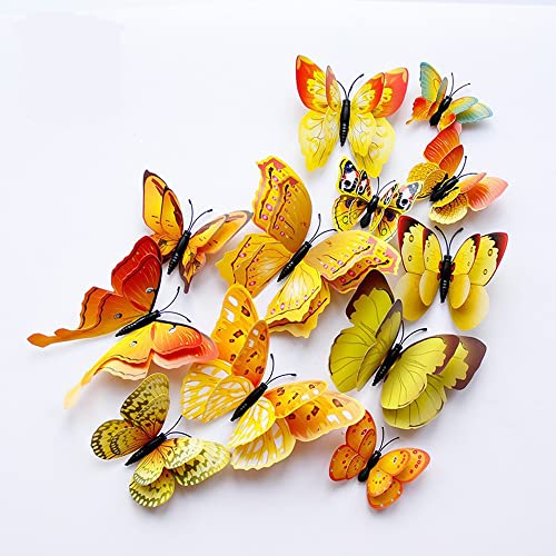 QGHSkOMk 12Pcs Yellow 3D butterfly wall decorations stickers Decor Wall Art Hanging Ornament Sculpture Garden Statues For Indoor Home Living Room Bedroom Outdoor backyard Porch Patio Fence