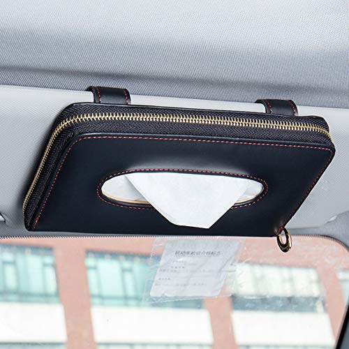 U&M Car Tissue Box Holder, Premium Leather Zipper Sun Visor Napkin Holder Backseat