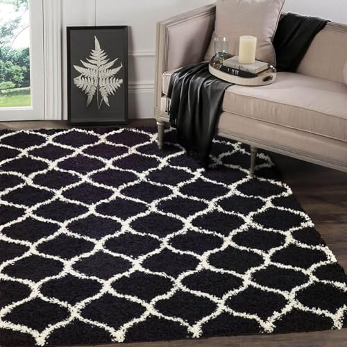 AROMICK Modern Polyester Anti Slip Shaggy Fluffy Rug and Carpet for Living Room, Bedroom & Dining Room (6 x 9 Feet, Black Ivory)