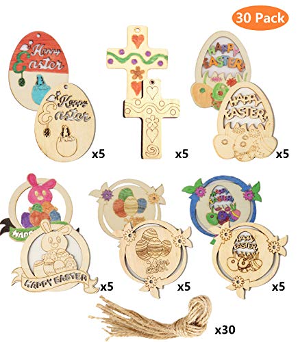PixHOTUL Lot de 30 ornements en bois de Pâques en forme de lapin et de croix en forme d'uf de Pâques pour travaux manuels en bois brut avec cordes pour décorations de Pâques à suspendre