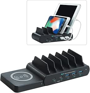 Techsmarter 6-Port Charging Station with 100W 2-Port USB-C PD, 15W Wireless Charger, Three 18W Fast Charging USB Ports. Compatible with MacBook, iPad, iPhone, Samsung, Dell, HP, Lenovo