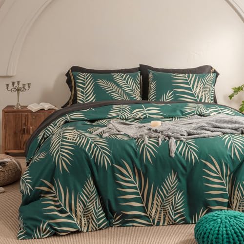 Gezu Set Housse de Couette 220x240cm Doré Motif Feuilles Tropicales Dorées Botanique Parure de Lit 2 Personnes Doux Microfibre Linge de Lit avec Fermeture...