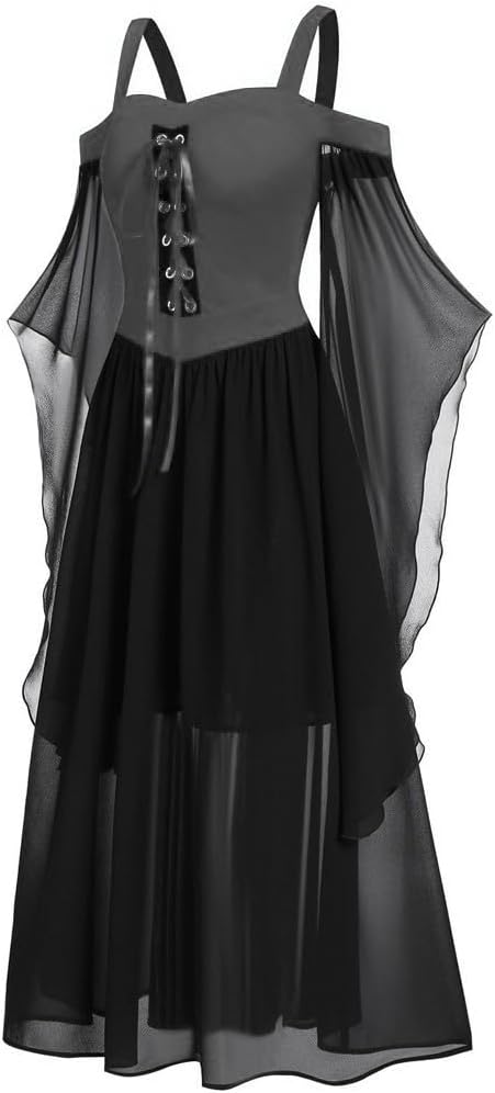 Generic Renaissance Costume Women Cold Shoulder Medieval Dress Chiffon Vintage Dress Plus Size Halloween Dresses Corset Dress Dark Gray, 4X-Large