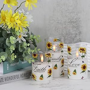 DRomance Sunflower Glass Flameless Candles with Remote Timer Battery Operated LED Pillar Candles Real Wax 3D Wick Flickering Warm Light Wedding Dinner Holiday Spring Candles 3 x 4,5,6 Inches DRomance Sunflower Glass Flameless Candles with Remote Timer Battery Operated LED Pillar Candles Real Wax 3D Wick Flickering Warm Light Wedding Dinner Holiday Spring Candles 3 x 456 Inches