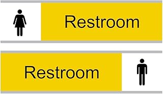 ComplianceSigns.com Restroom (Man/Woman) Sliding Engraved Sign for Restrooms, 8x3 in. Black on Yellow Plastic in Silver Bracket
