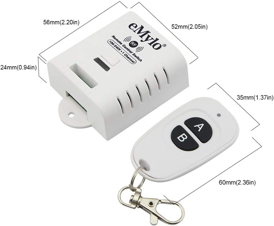 RF Remote Control Switch eMylo Smart Wireless Relay Switch AC 110-240V 2000W One Channel Momentary Module 433Mhz Relay Receiver with Two Transmitters