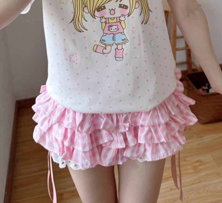 Womens Y2K Off Shoulder Kawaii T-Shirt Suit Hrajuku Plaid Ruffled Lace Pumpkin Short Pants Cute Cat Graphic Tops - Image 5