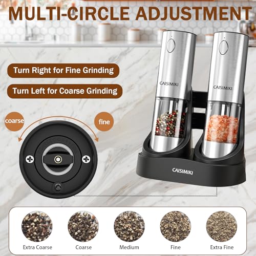 CAISIMIKI Electric Salt and Pepper Grinder Set Upgraded Stainless Steel Spice Grinder USB Rechargeable Automatic Pepper Mill Dual Charging Station Grinder Shakers, Silver - Image 6