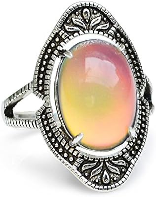 FUN JEWELS Vintage Style Antique Silver Plating Brass Oval Stone Color Change Mood Ring Size Adjustable