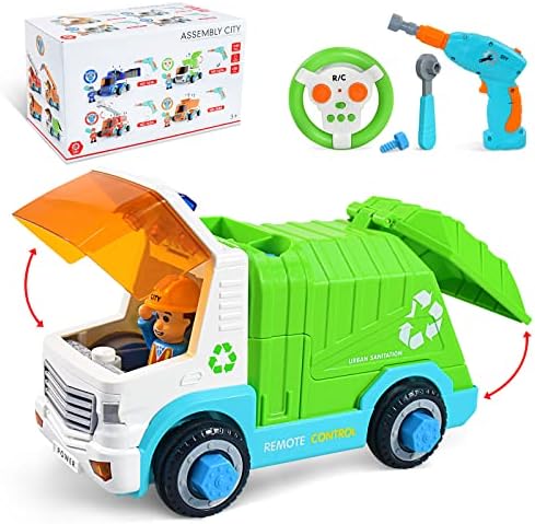 YYDeek Take Apart Garbage Truck Toys for Boys, Remote Control Car with Light and Sound, STEM Learning Building Toy Car Set with Electric Drill, Construction Toys for 4 5 6 Year Old Boys