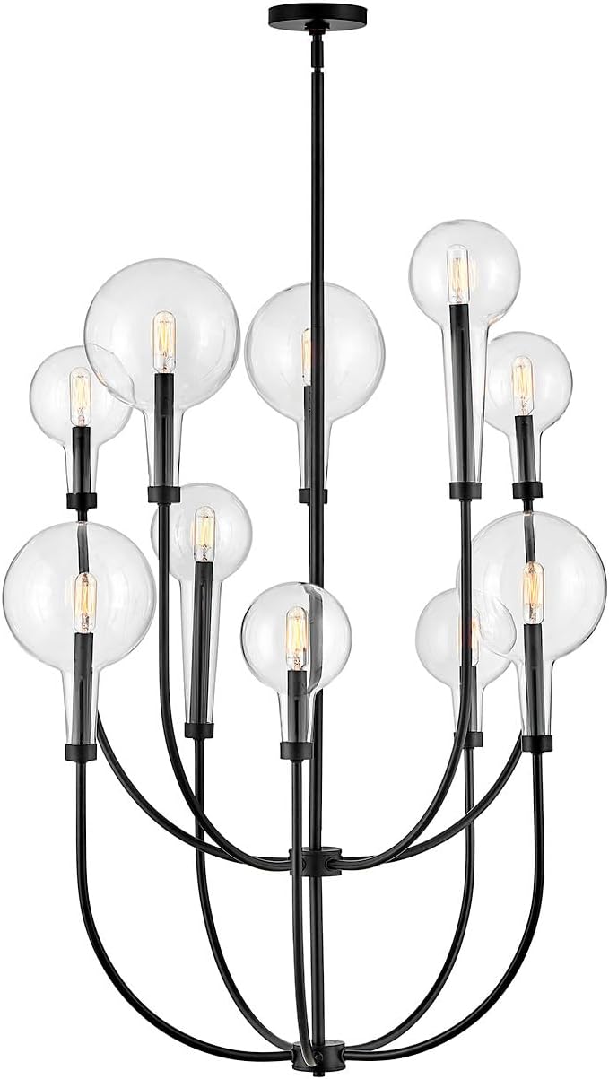 Hinkley Alchemy Ten Light Medium Indoor Chandelier, Different Sized Tapered Globes, Multi-Tier, Extended Candle Sleeve, T6 or T8 Bulbs Only, Black Finish w/Clear Glass