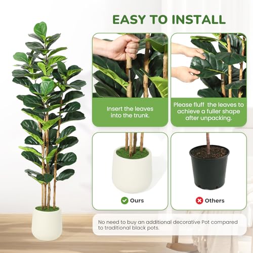 Artificial Fiddle Leaf Fig Tree with White Planter, 6ft Tall Fake Plant with Natural Wood Trunk, Faux Ficus Tree Potted Moss for Home Office Living Room Decor