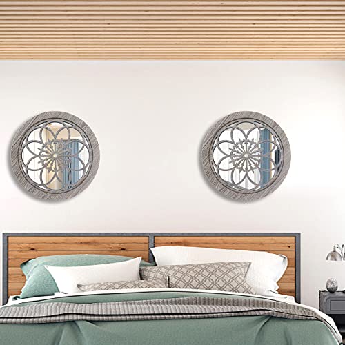 Zolapi 2 Pcs Round Wall-Mounted Mirrors,Vintage Farmhouse Mirror For Wall Decor,Barn Wood Color Decorative Accent Mirror For Foyer, Bathroom, Bedroom. (12”X12”) #TOP3