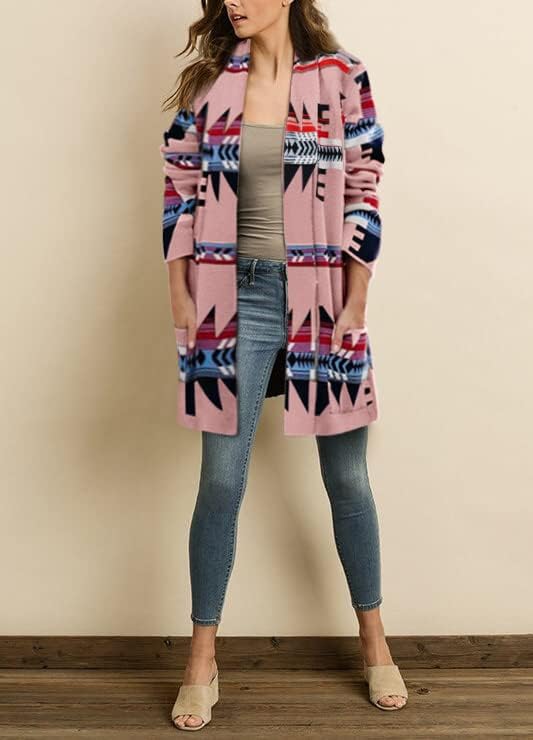 Women Boho Cardigan Aztec Open Front Long Sleeve Shawl Collar Sweater Coat - Image 3