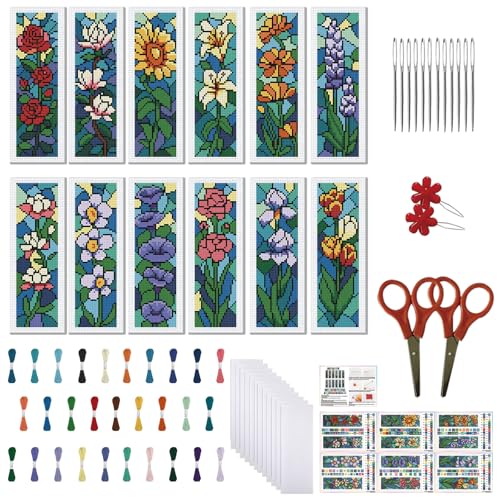 FREEBLOSS Kit de 12 marcapáginas de punto de cruz para adultos principiantes con estampado de flores de vidrieras, kits de punto de cruz, kit de marcapáginas de bordado con instrucciones para regalo