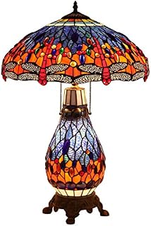 Bieye L30545 Dragonfly Tiffany Style Stained Glass Table Lamp with Lighted Base for Living Room Bedside Home Decoration, 18WX26H inches