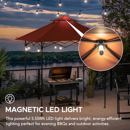 SUNJOY 5 x 8 ft. Grill Gazebo Pop Up Double Tiered Outdoor Gazebo Standing-Height Canopy with Magnetic LED Light, Adjustable Ceiling Height, for BBQ,Picnics, Outdoor Events, Red