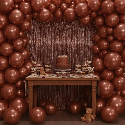 Image of PartyWoo Foil Curtain 2 pcs, 3.3x6.6 ft Metallic Brown Tinsel, Foil Fringe Curtains, Birthday Decorations, Party, Wedding Backdrop