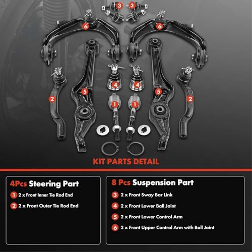 Image of A-Premium 12Pcs Front Suspension Kit, Upper & Lower Control Arm, Lower Ball Joint, Sway Bar Link, Inner & Outer Tie Rod End, Compatible with Honda Accord 1998 1999 2000 2001 2002