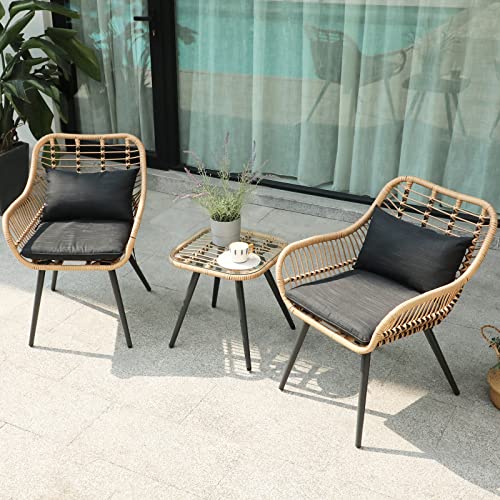 Verano Garden 3 Piece Patio Bistro Set, Outdoor Wicker Conversation Chair Sets Balcony Furniture,Coffee Table With Glass Top, Cushions & Lumbar Pillows For Porch, Backyard, Deck, Poolside #TOP1
