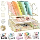 Youbetia Desk Organizers and Accessories - Double Tray and 5 Upright Sections, Office File & Supplies Organizer with Drawer, Binder Clips, Gold