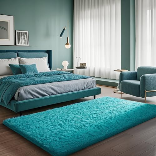 image for Ophanie Teal Rugs for Bedroom Living Room, Fluffy Fuzzy Furry Carpet, 