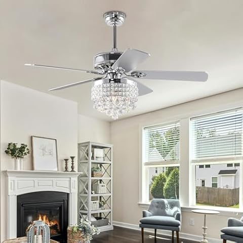52Inch Crystal Ceiling Fan with Lights, 5 Wood Blades and Gorgeous Light Fixture, Modern Fandelier Ceiling Fan with Noiseless Motor, Chandelier Fan with Remote for Bedroom,Living Room Cover