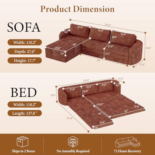 Image of Vesgantti 6 in 1 Convertible Folding Sleeper Sofa Bed, No Assembly, Orange | 110.2 inch L Shaped Modular Sectional Sofa, Curved Armrest, Deep Seat Boneless Couches for Living Room, Chenille, Left Facing