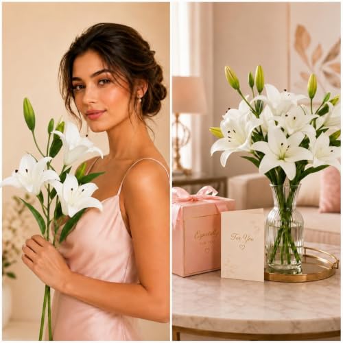 Image of CURATED CART 2 Pcs Lily Artificial Flowers Bunch for Home Decoration - Big Lilys Bouquet for Home Decor - Real Touch Faux Latex Long Stem - Includes 6 Lily Flowers and 10 Half Bloom Buds-White Colour