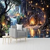 Carta da parati su misura personalizzata, foresta incantata, cascata, piscina turchese e sfere luminose e cappella, tessuto autoadesivo rimovibile, grande carta da parati fotografica per soggiorno