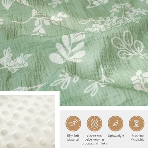 Image of BOPRIO Baby Blankets for Unisex Boys Girls Super Soft Nursery Minky Blankets with Breathable Muslin Cotton Front and 3D Touch Dotted Fleece Backing, Leaf Printed Bed Throws Newborn 30 x 40 Inch