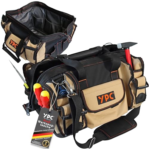 YPC Profi Werkzeugtasche leer XXL – 42x30x25cm große Tasche mit stabilem Boden, Wasserfest, Tragegriff & verstellbarer Schultergurt, Arbeitstasche, Reisetasche, Tool Bag für Werkzeug – 20 kg Tragkraft