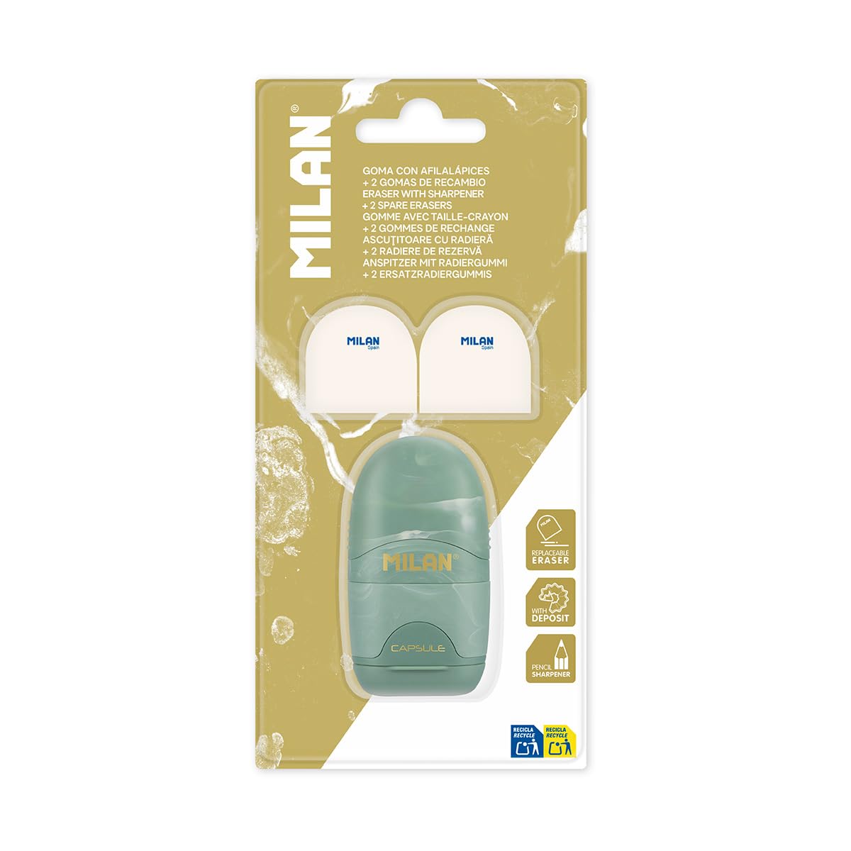 Milan® Capsule Lava Sharpening Blister Pack + 2 Replacement Erasers, Green