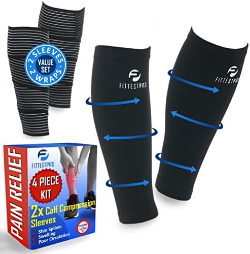 Calf Compression Sleeves and Leg Wraps (4 Piece) Shin Splint Support, Calve Guards for Men and Women - Braces Provide Healthy Circulation Pain Relief for Running, Basketball, Cycling, Maternity (L/XL)