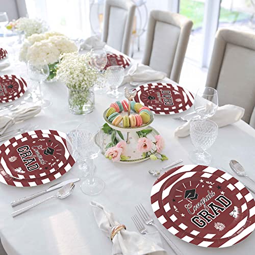 Graduation Plates-Graduation Party Decorations, 48 Pack Striped Graduation Party Plates, Congrats Grad Disposable Paper Plates Dinnerware For College High School Graduation Party Supplies Maroon #TOP4