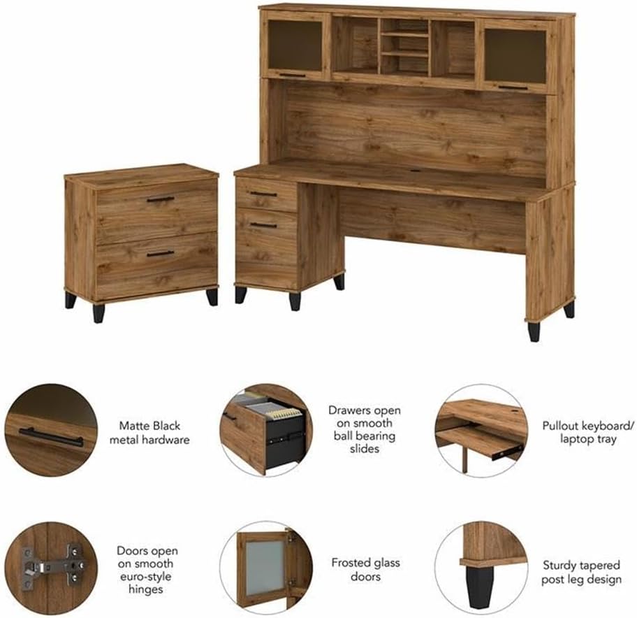 Pemberly Row 72W L Shaped Desk with Hutch and 5 Shelf Bookcase, Fresh Walnut Finish, Engineered Wood, Wire Management, Frosted Glass Doors, Adjustable Shelves, Home Office Furniture Set