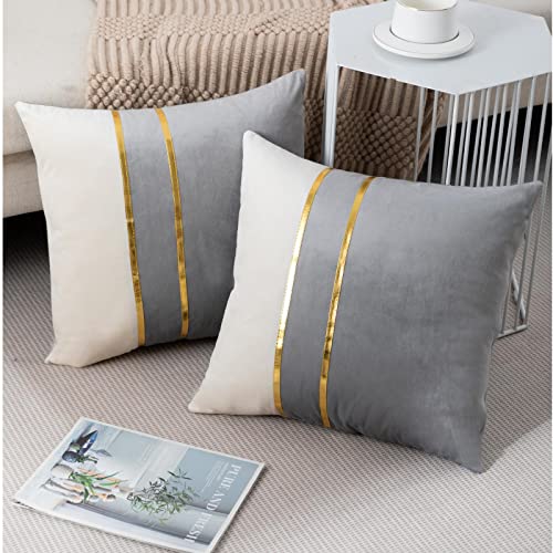 Zlina Set Of 2 Velvet Decorative Throw Pillow Covers Grey White Patchwork With Gold Leather Pillow Covers 18 × 18 Inch Cushion Covers Decor Living Room Sofa Bedroom Car #TOP3