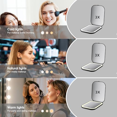deweisn Compact LED Makeup Mirror with 1X/3X Magnification,2-Sided Portable Travel Mirror,3 Color Lights Adjustable Brightness,Folding Handheld Vanity Mirror for Purse Pocket,Black deweisn Compact LED Makeup Mirror with 1X/3X Magnification,2-Sided Portable Travel Mirror,3 Color Lights Adjustable Brightness,Folding Handheld Vanity Mirror for Purse Pocket,Black - Image 6