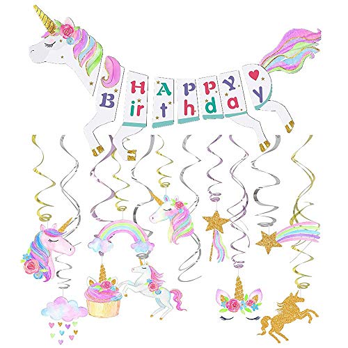 Unicorn Party Decorations-Unicorn Happy Birthday Banner-Unicorn Hanging Swirl Decorations-Unicorn Party Supplies