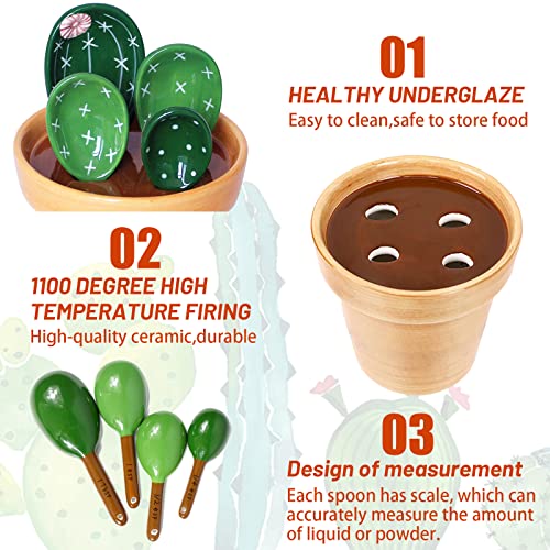 Cactus Measuring Spoons And Cups Set, Pot Ceramic Baking Measuring Spoons Cup With Holder For Milk Powder Sugar Salt Dry Wet Ingredients，Kitchen Home Small Decorations Ornaments (Green) #TOP2