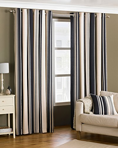 Riva Paoletti Broadway - Cortinas con Ojales (168 cm de Ancho x 229 cm de caída, diseño Moderno de Rayas, Color Negro, Gris y Crema, diseño de Rayas