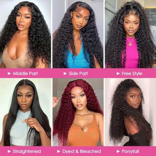 Image of CYNOSURE 13x4 Deep Wave Lace Front Wigs Human Hair 180% Density Deep Wave Curly Frontal Wig Pre Plucked HD Transparent Full Lace Frontal Wigs Human Hair with Baby Hair Natural Black Color 30 inch