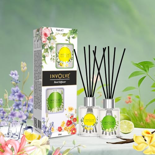 Image of Involve Pura Reed Diffuser Set- Lemon Ice & Lime - 120 ml | Oil Diffuser with Free 10 Reed Sticks Room Freshener for Home Bedroom, Office | Gifts Set (Pack of 2) | New Home Gifts